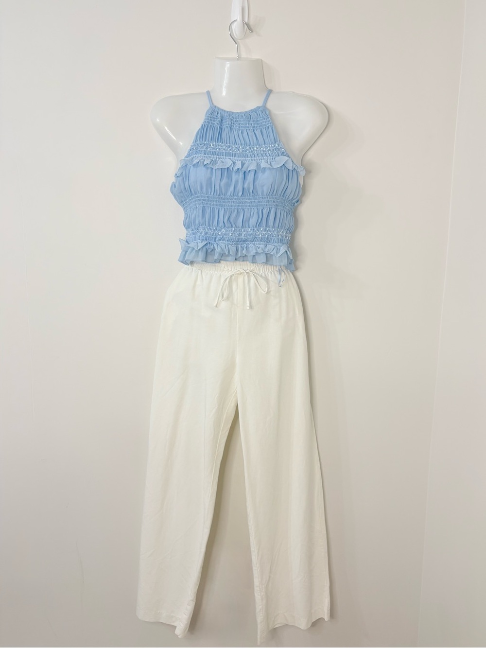 THIRTY THIRTY Baby Blue Ruffle Halter Top Cropped Ruched Coastal Preppy Size S